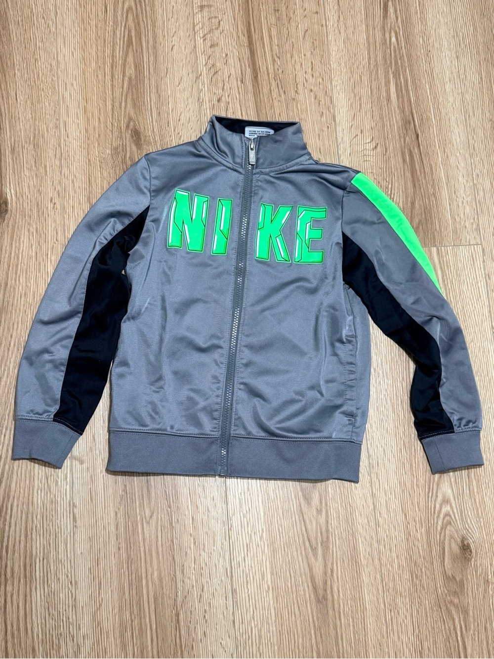 Nike Boys Track Jacket Size 7 Gray Green Full Zip Tricot Spell Out Logo